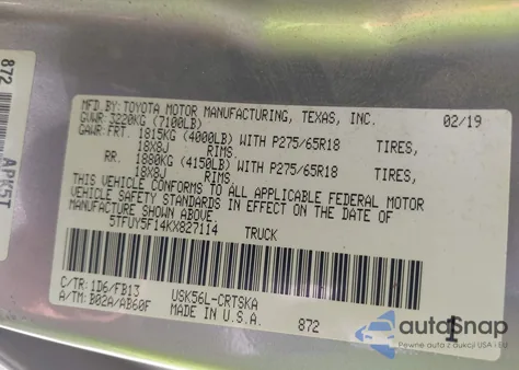 2019 Toyota Tundra Sr5 5.7L V8 from USA, damaged, VIN 5TFUY5F14KX827114
